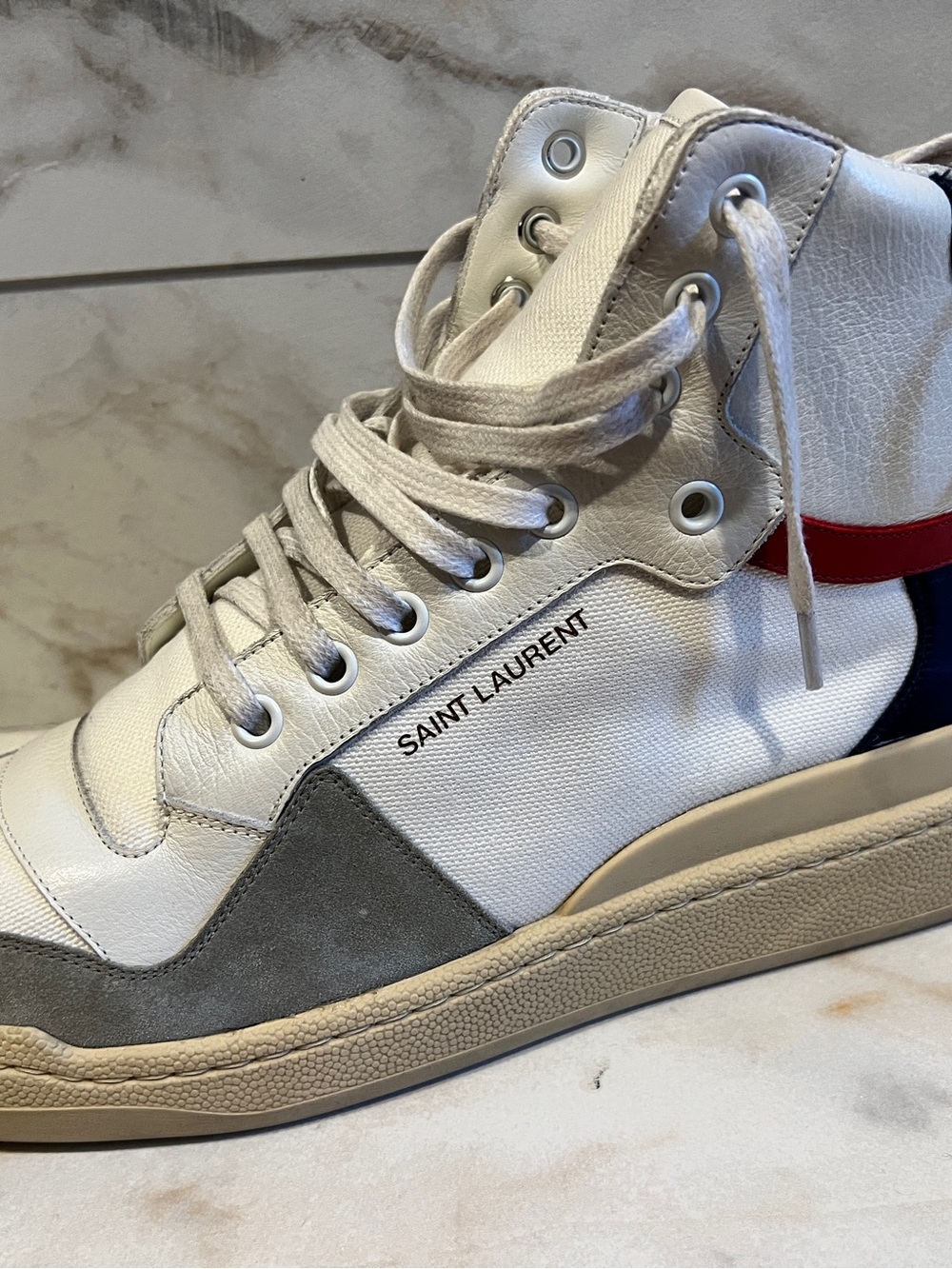 Saint Laurent White High-Top Sneakers with Gray and Red Accents